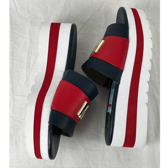 Michael Kors Logo Platform Wedge Slides Sandals Red Navy White Women 6.5 Leather - Picture 7 of 9